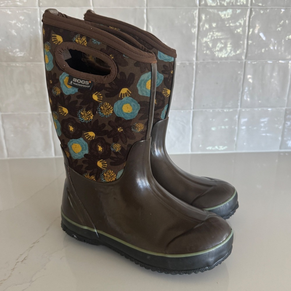 Bogs‎ Classic Watercolor Rain Boots Youth 2 Brown Floral Waterproof Insulated